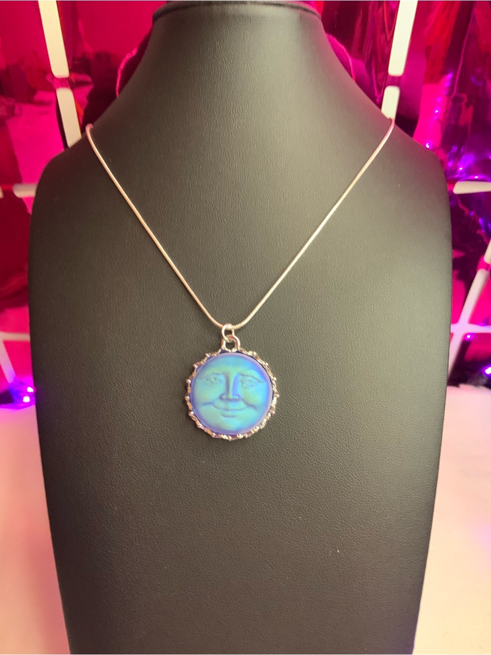 New Silver Moon Face Pendant Necklace in Iridescent Blue on 20” Chain (Z-28) - Picture 2 of 3